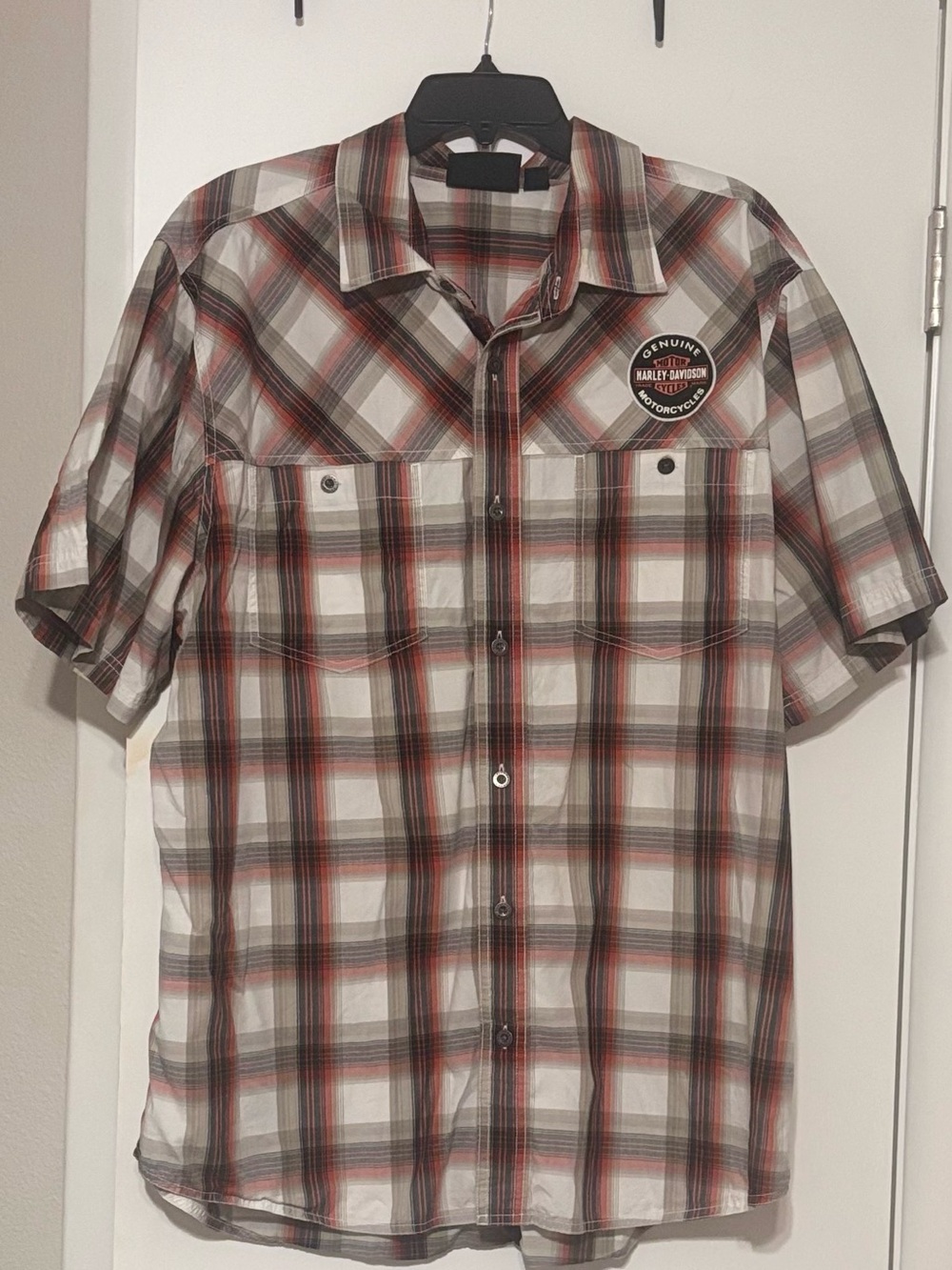 Harley-Davidson Genuine MotorClothes Plaid Button-Up Shirt Men 2XL Orange Gray